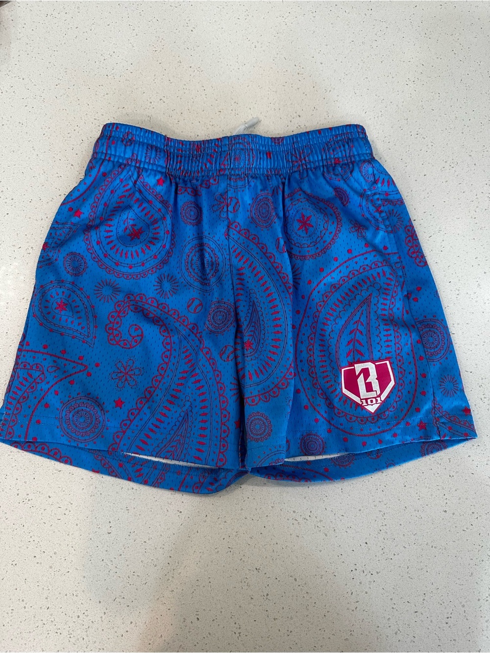Youth Baseball Lifestyle BB101 Kids Blue Paisley Athletic Shorts with Logo Patch